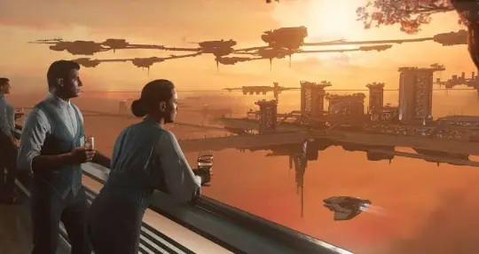 People looking across Orison's floating platforms at sunset