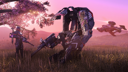 ATLS IKTI Akuma power suit with Nine Tails-themed equipment in a pink landscape
