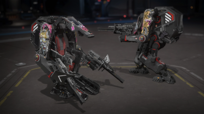 Two ATLS IKTI Akuma power suits displaying their mounted weapons and Nine Tails livery