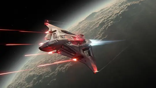 Aegis Sabre Raven EX exchanging laser fire above a planet