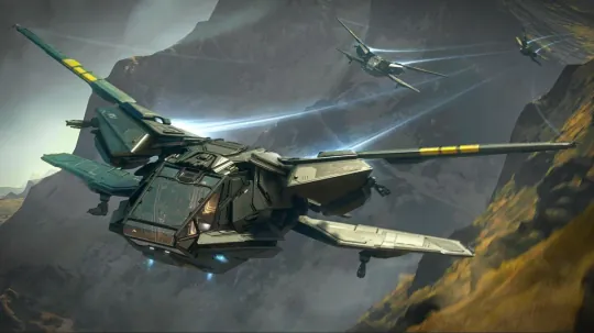 Three Aurora Mk II ships flying low through a mountain valley
