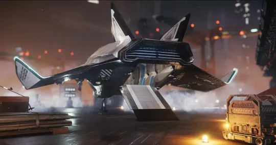 Avenger Titan on a landing pad with its rear cargo ramp lowered