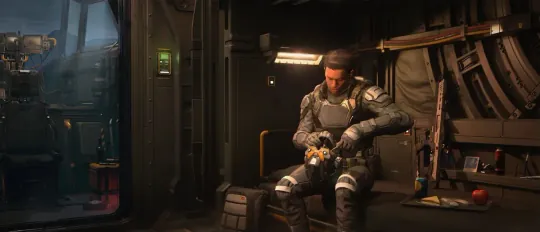 A player sitting on the bed in the Cutter's cabin, with the cockpit visible through the doorway