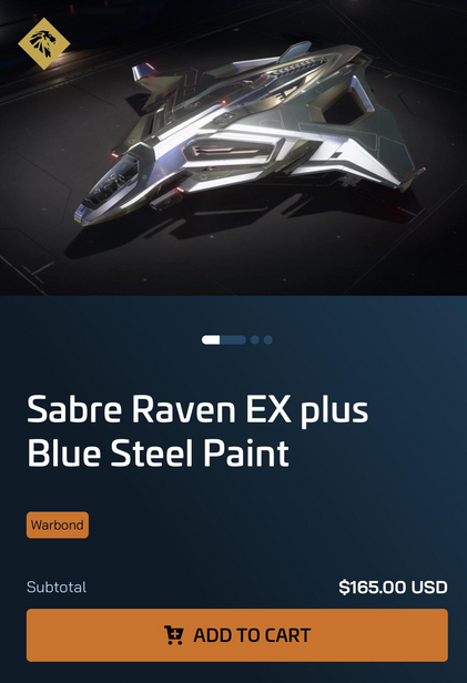 Sabre Raven EX with Blue Steel Paint shown as a $165 Warbond offer